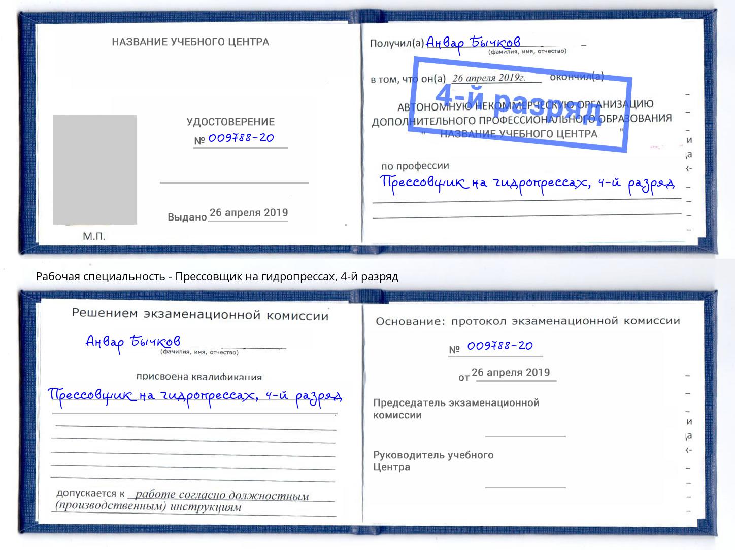корочка 4-й разряд Прессовщик на гидропрессах Елизово