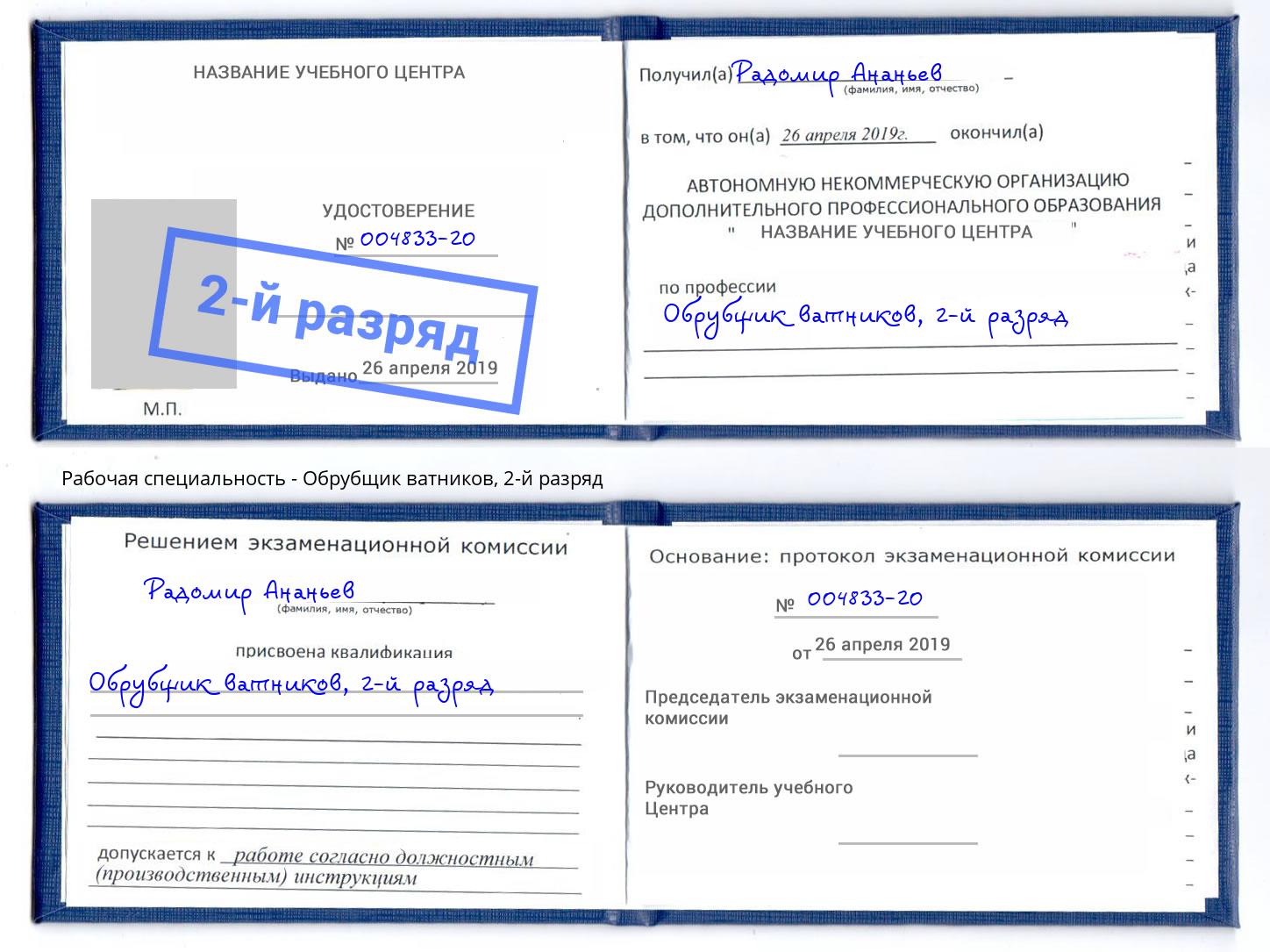 корочка 2-й разряд Обрубщик ватников Елизово