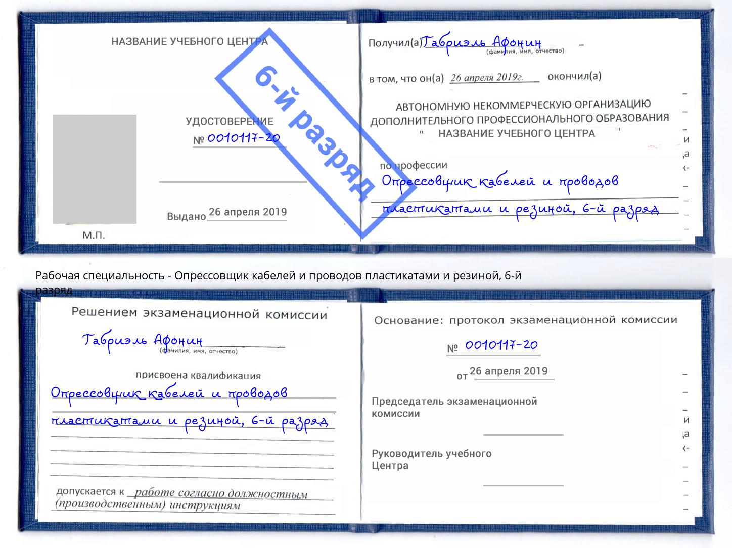 корочка 6-й разряд Опрессовщик кабелей и проводов пластикатами и резиной Елизово