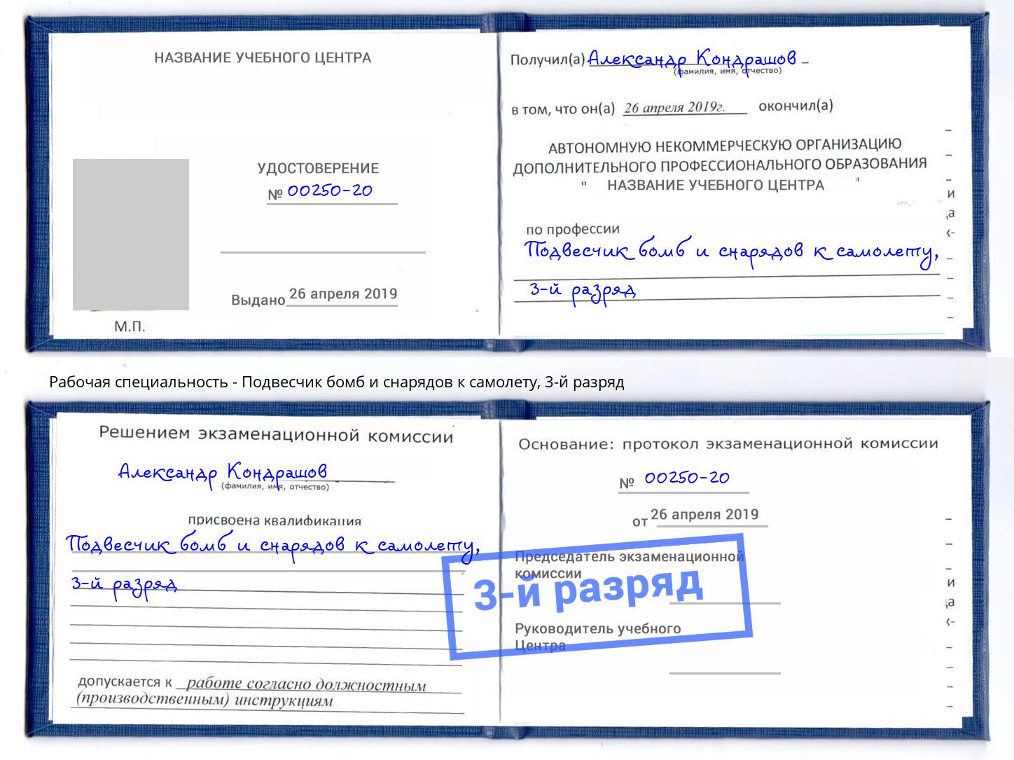 корочка 3-й разряд Подвесчик бомб и снарядов к самолету Елизово