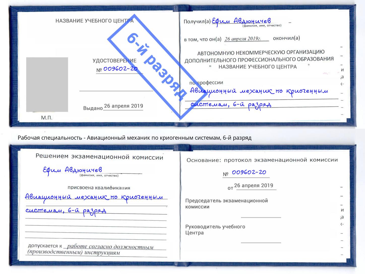 корочка 6-й разряд Авиационный механик по криогенным системам Елизово