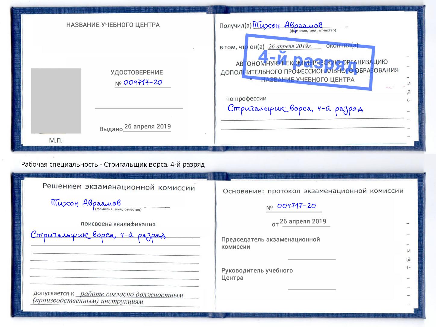 корочка 4-й разряд Стригальщик ворса Елизово