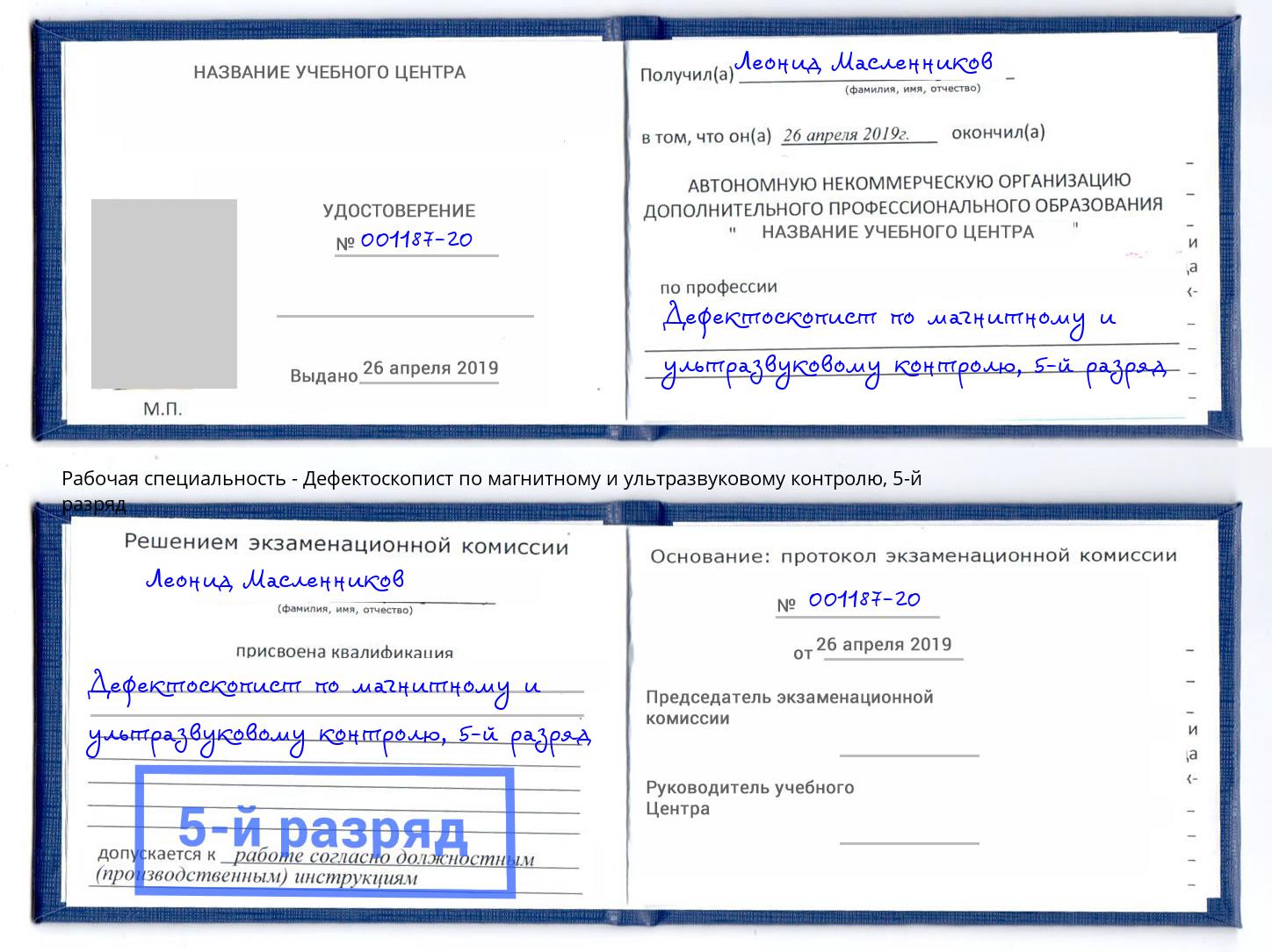 корочка 5-й разряд Дефектоскопист по магнитному и ультразвуковому контролю Елизово