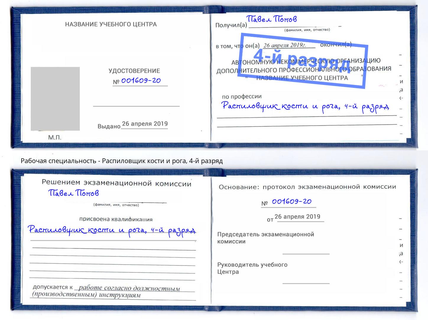 корочка 4-й разряд Распиловщик кости и рога Елизово