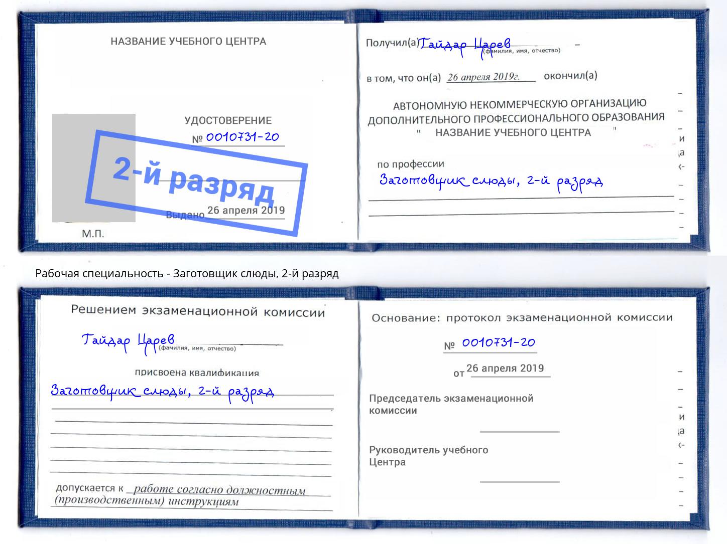 корочка 2-й разряд Заготовщик слюды Елизово