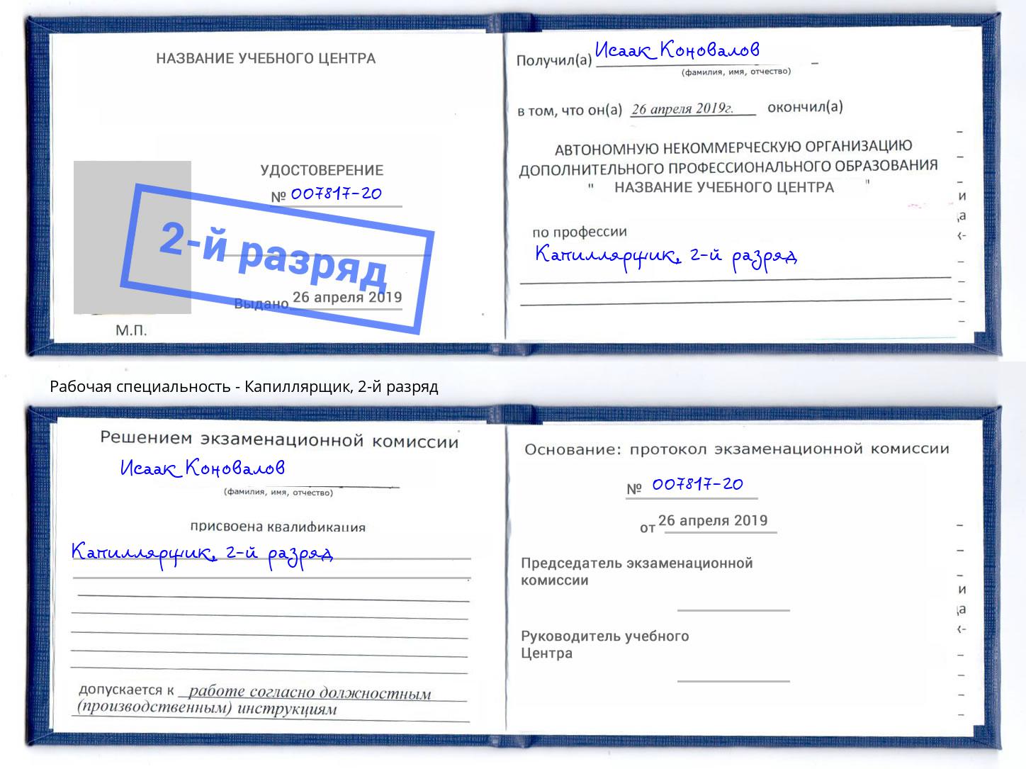 корочка 2-й разряд Капиллярщик Елизово