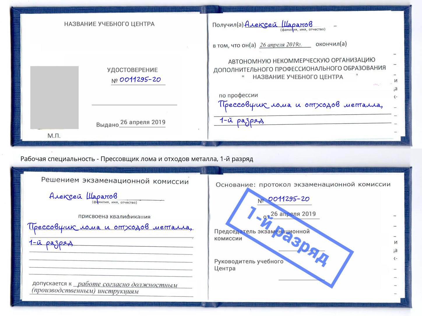 корочка 1-й разряд Прессовщик лома и отходов металла Елизово