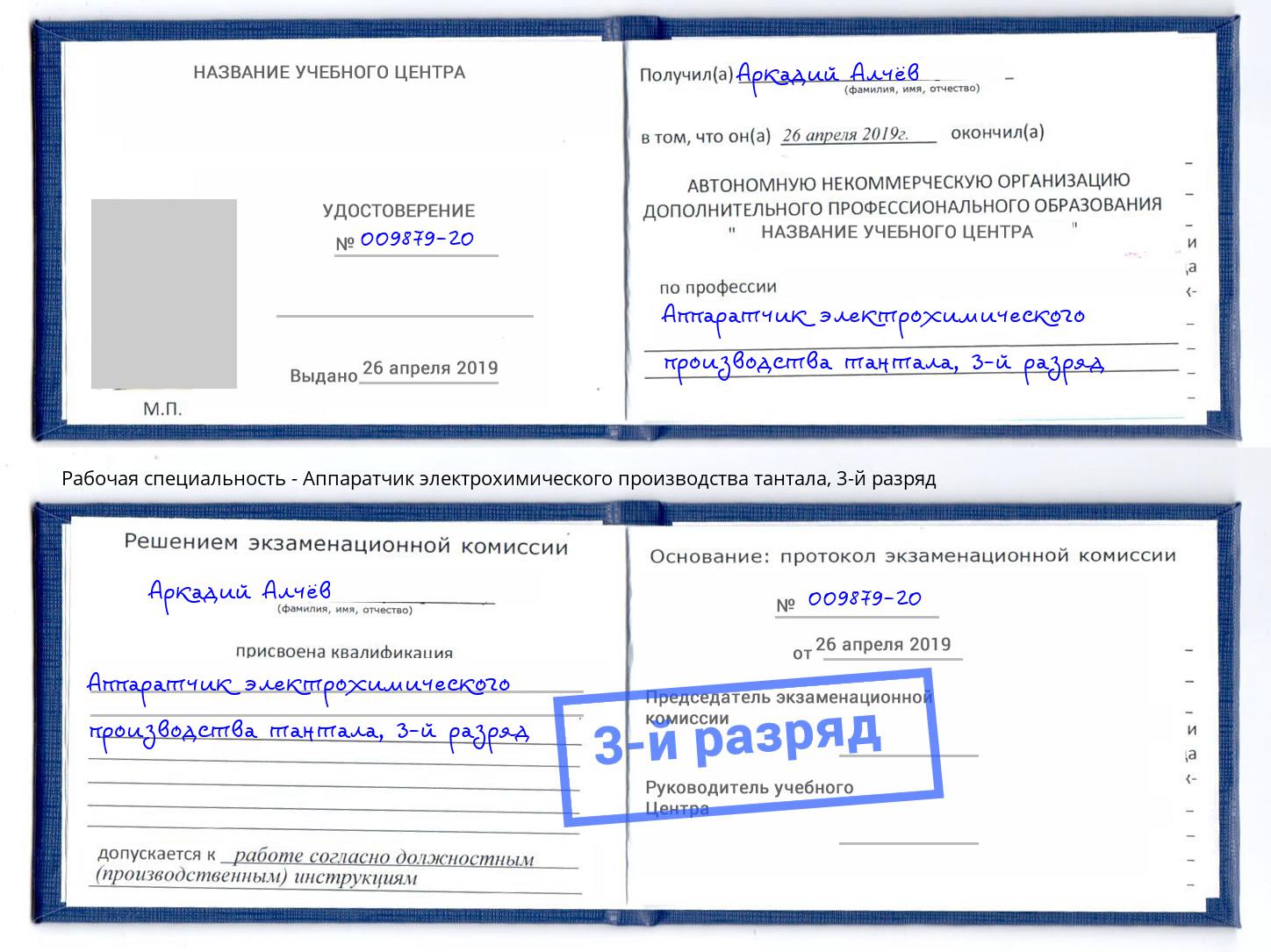 корочка 3-й разряд Аппаратчик электрохимического производства тантала Елизово