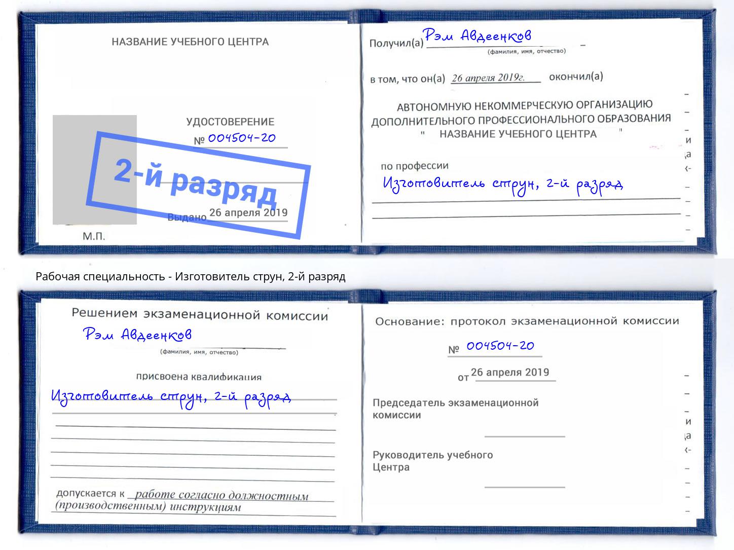корочка 2-й разряд Изготовитель струн Елизово