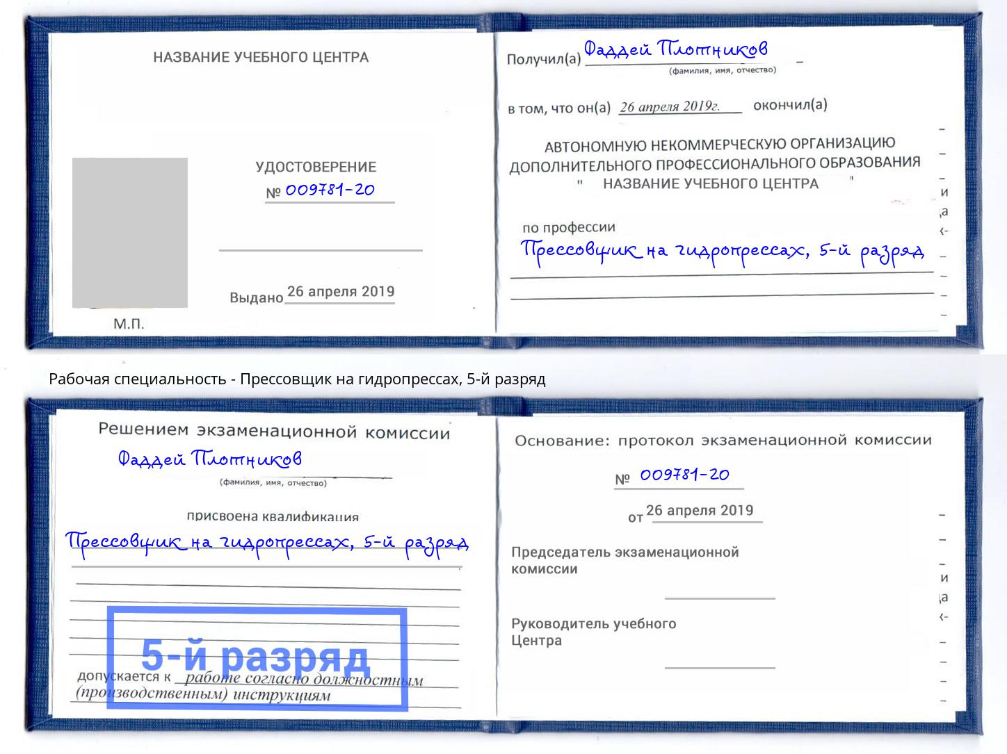 корочка 5-й разряд Прессовщик на гидропрессах Елизово