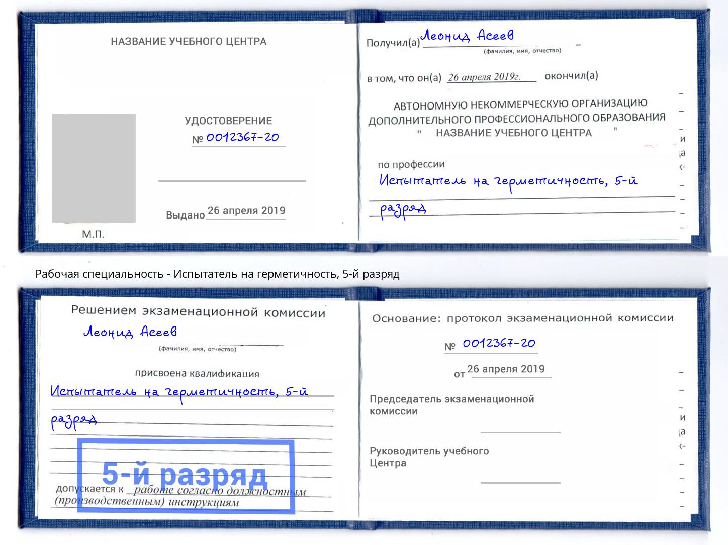 корочка 5-й разряд Испытатель на герметичность Елизово