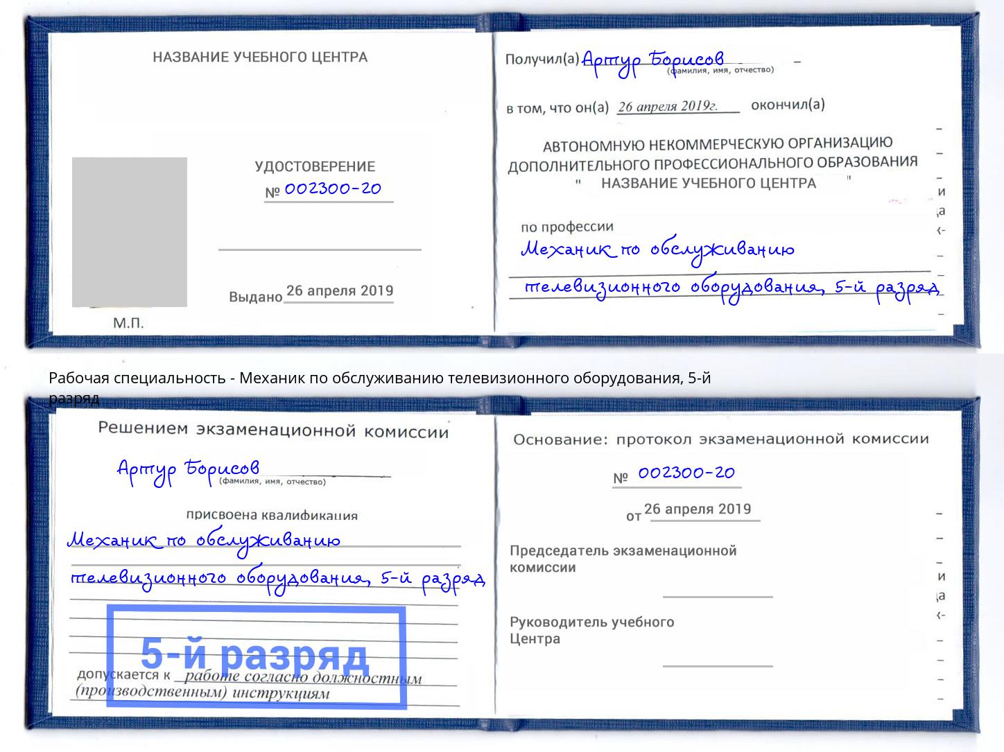 корочка 5-й разряд Механик по обслуживанию телевизионного оборудования Елизово