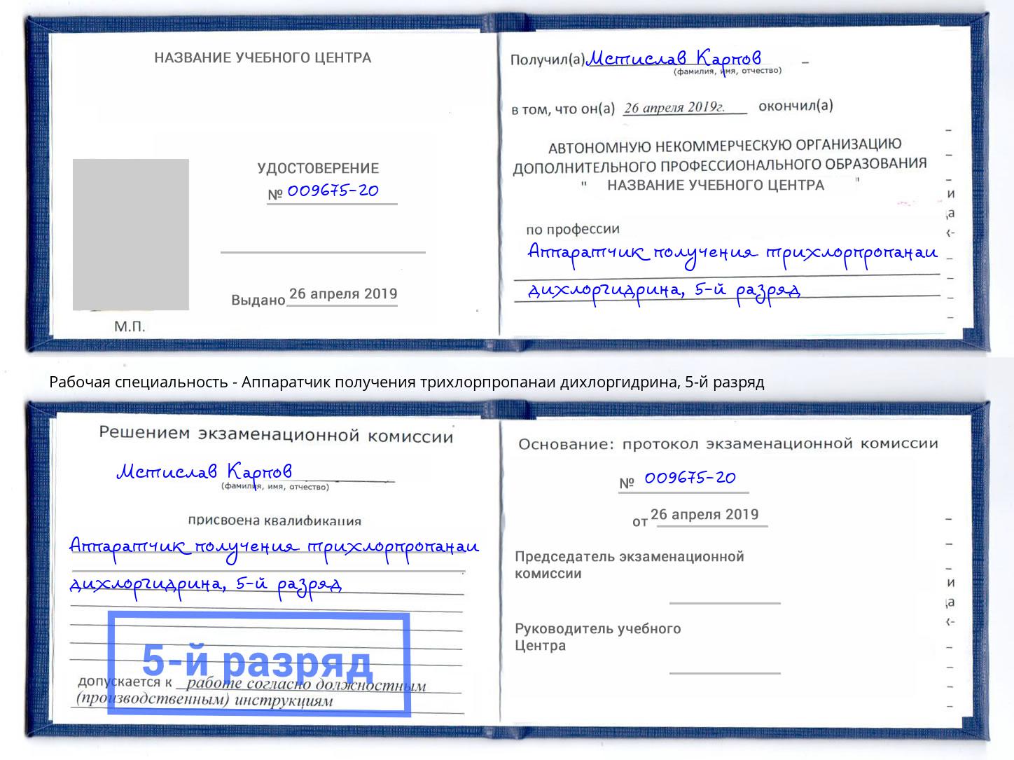 корочка 5-й разряд Аппаратчик получения трихлорпропанаи дихлоргидрина Елизово