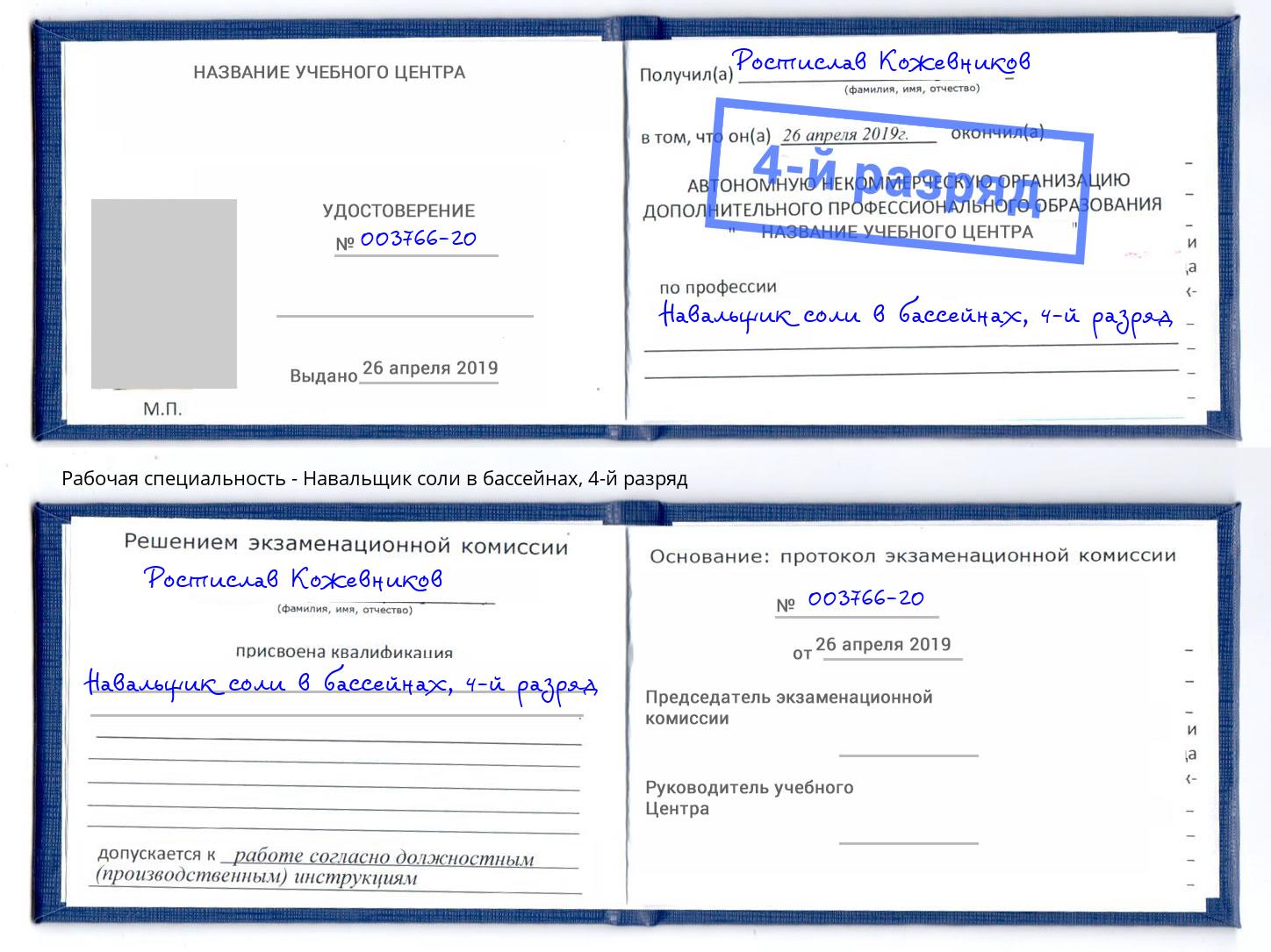 корочка 4-й разряд Навальщик соли в бассейнах Елизово