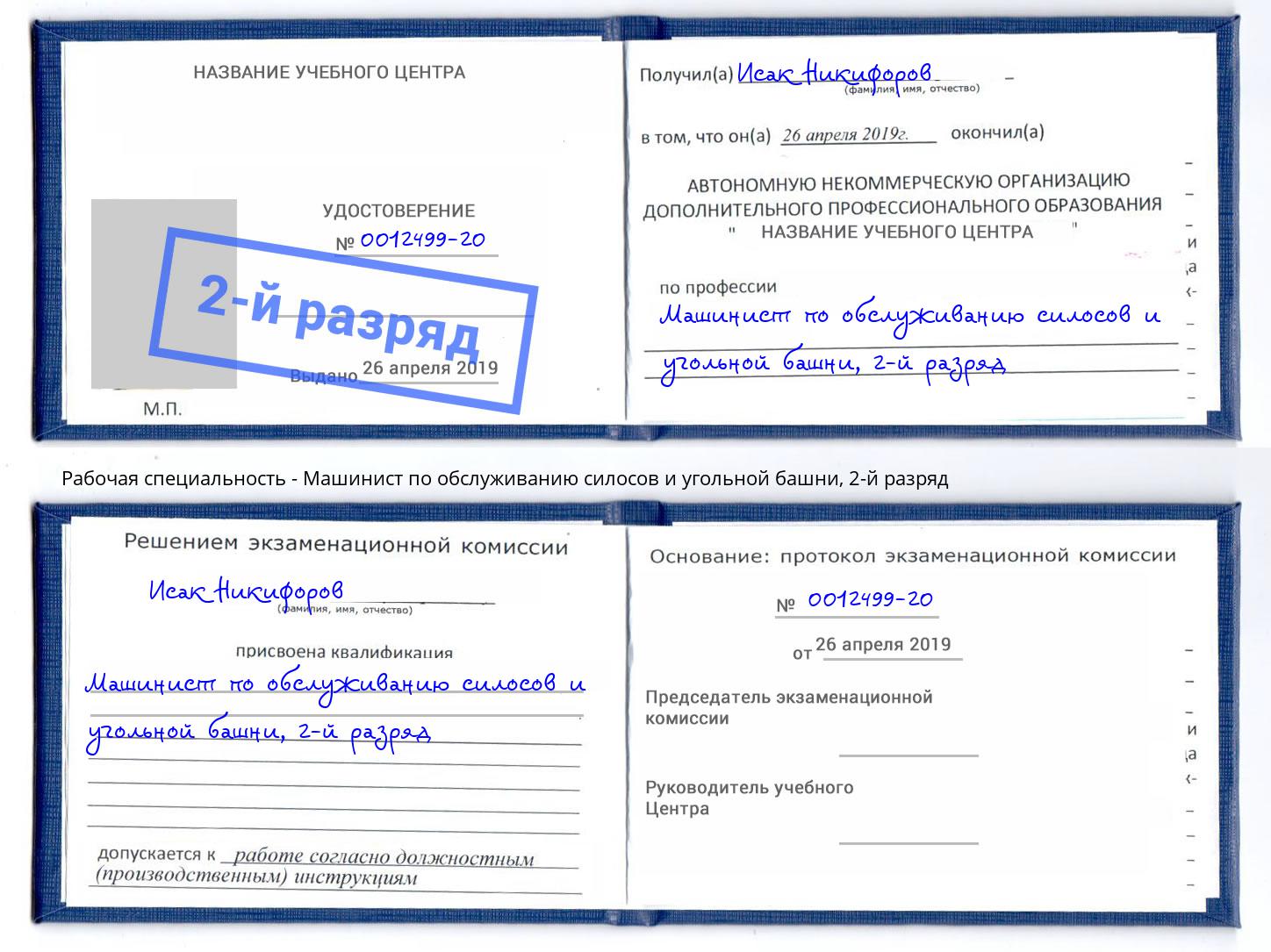 корочка 2-й разряд Машинист по обслуживанию силосов и угольной башни Елизово
