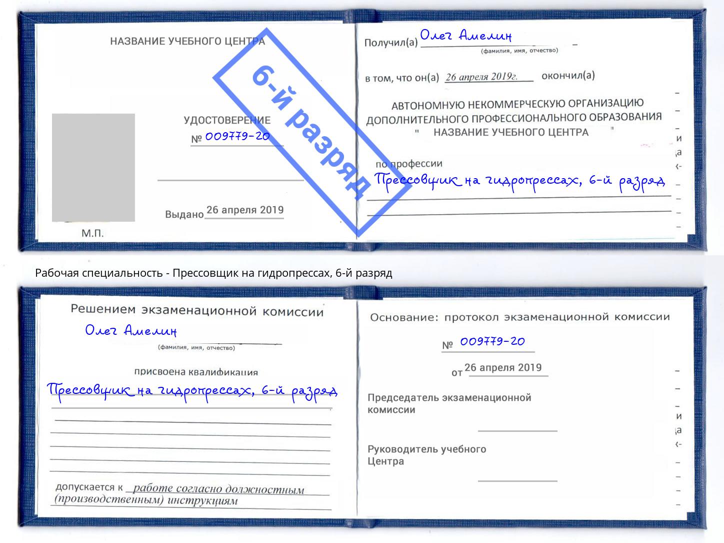 корочка 6-й разряд Прессовщик на гидропрессах Елизово