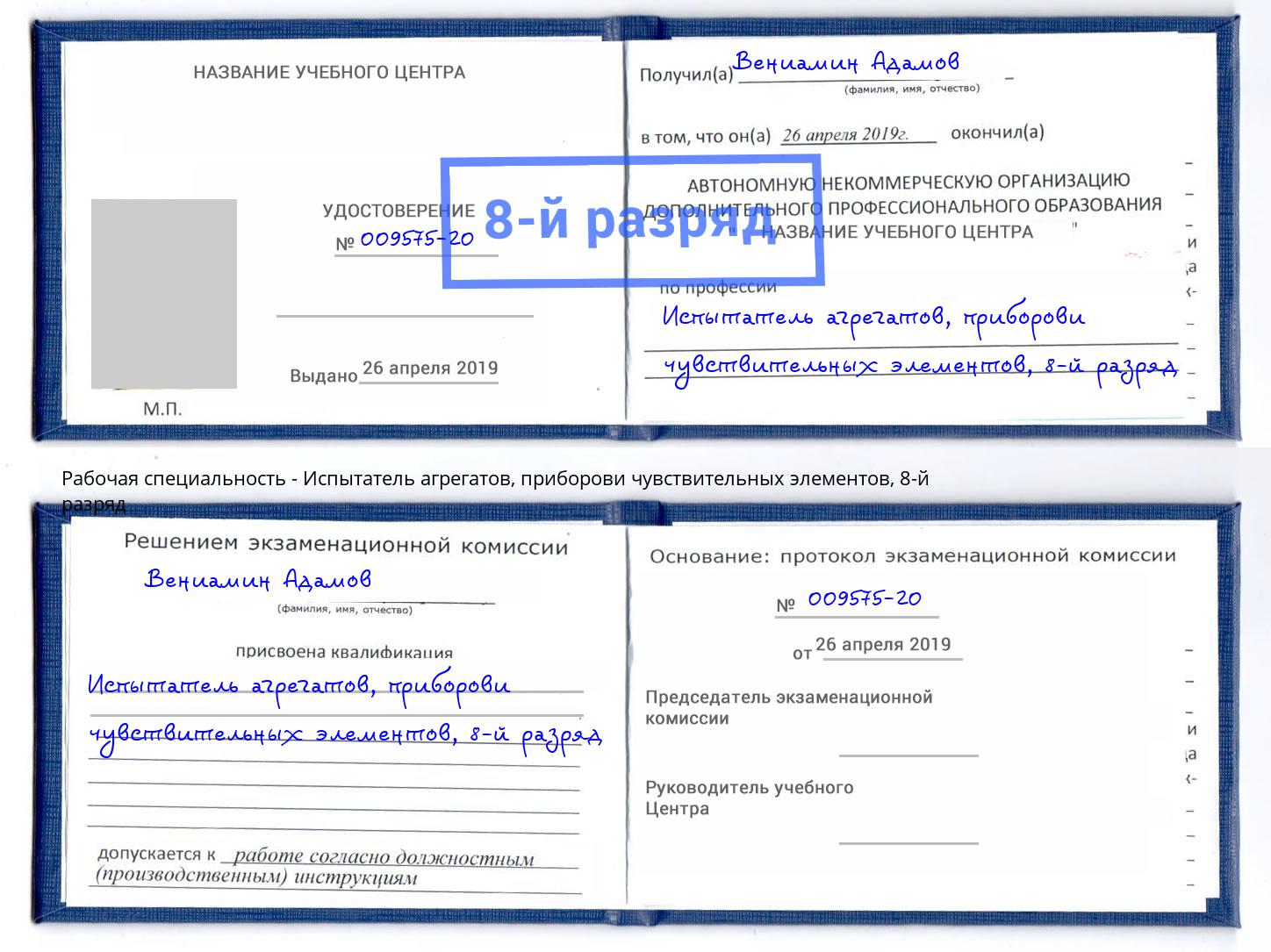 корочка 8-й разряд Испытатель агрегатов, приборови чувствительных элементов Елизово
